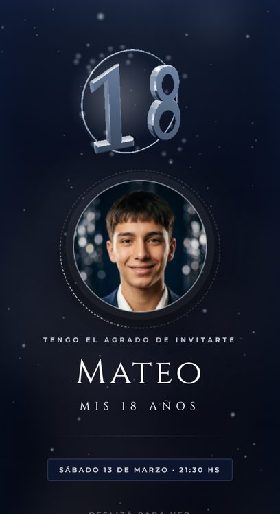 Invitación web de 18 años, azul noche y plateada