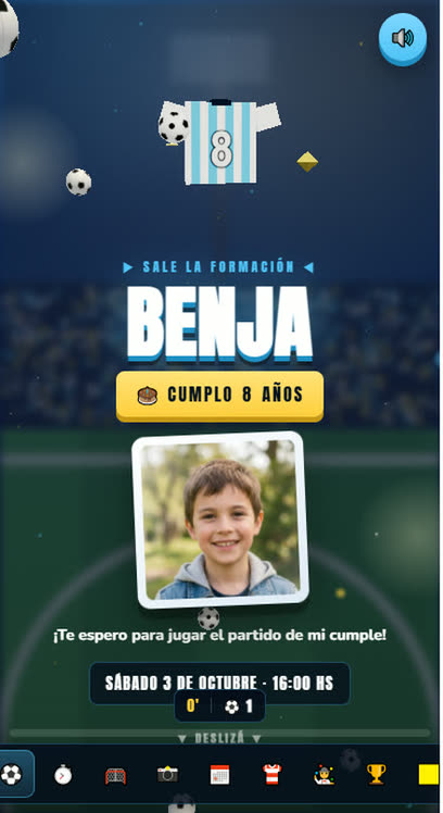 Invitación web infantil con temática de fútbol